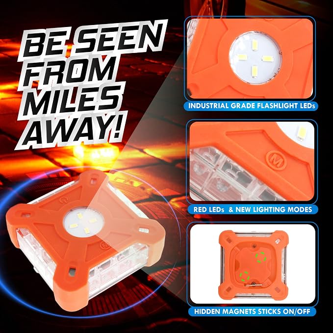 Emergency Lights for Vehicles 3-Pack | LED Road Flares | Flares Emergency Road | LED Emergency Flares Include Batteries, Case, Whistle and are Stronger, Brighter & Better than round LED Flares