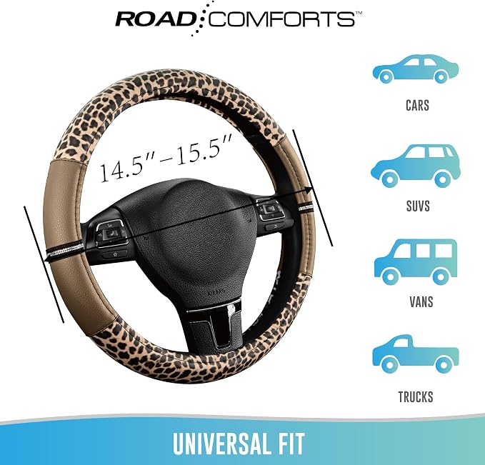 Leopard Steering Wheel Cover for Women, Cute Anti-Slip Microfiber Leather, Universal Fit 14.5-15 Inch Round Steering Wheel - Beige