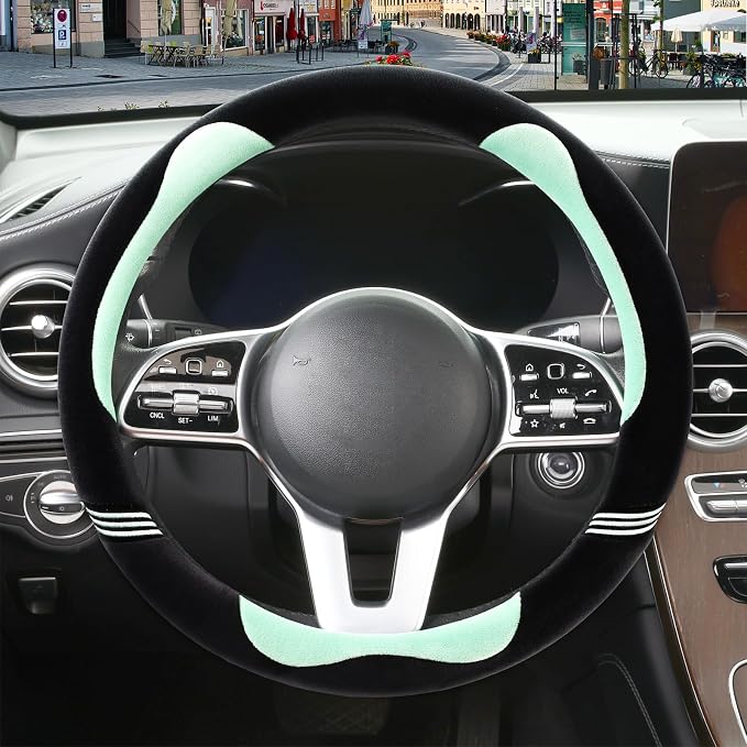 Furry Cute Soft Steering Wheel Cover 14 inch Black with Green | Fluffy Short Plush Car Accessories, Non-Slip Cold-Proof Sweat-Proof Colorfast, Small 13.5 inch to 14 inch