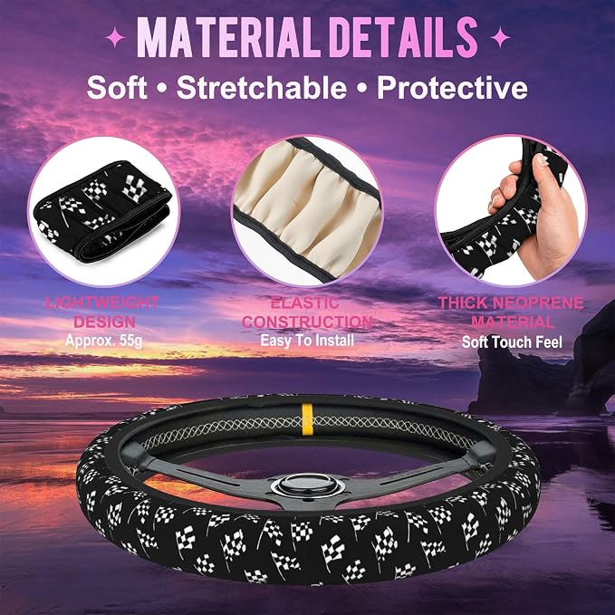 Racing Flag Steering Wheel Cover for Women Men Neoprene Breathable Black and White Checkered Flag Wheel Cover Protector Anti-Slip Car Accessories Universal 15 Inch Fit for Cars Trucks Vehicles