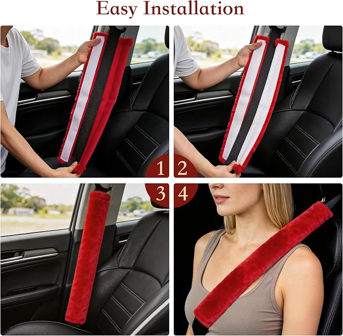 Soft Faux Fur Universal Fit Seatbelt Cover Car Truck SUV Airplane Seat Belt Shoulder Pad for Carmera Backpack Straps Neck Cushion Protector Extra Long 25.6in Red