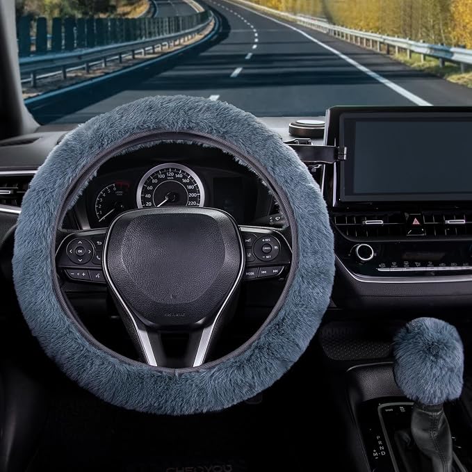 Furry Car Steering Wheel Cover with Fluffy Gear Shift Cover Soft Warm Non-Slip Car Decoration for Men Women Girls 2 PCS Set, Blue Gray