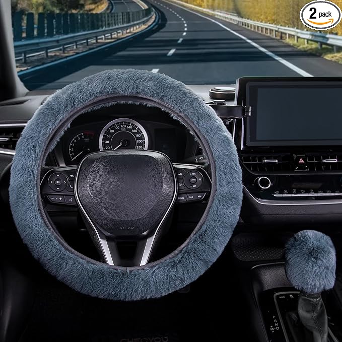 Furry Car Steering Wheel Cover with Fluffy Gear Shift Cover Soft Warm Non-Slip Car Decoration for Men Women Girls 2 PCS Set, Blue Gray