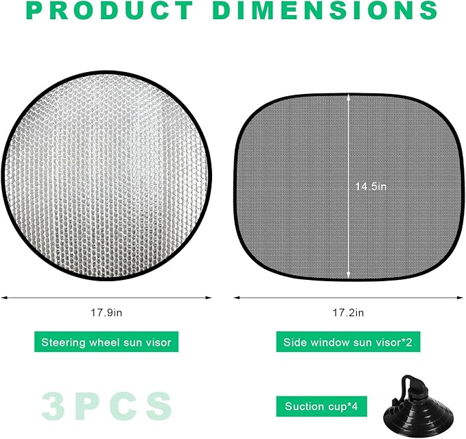3PCS Steering Wheel Sun Shade and Side Window Sunshades, 17.9" Anti-Heat Aluminum Foil Steering Wheel Cover Window Shades, Wheel Heat Reflector UV Protection Cover for Most Cars