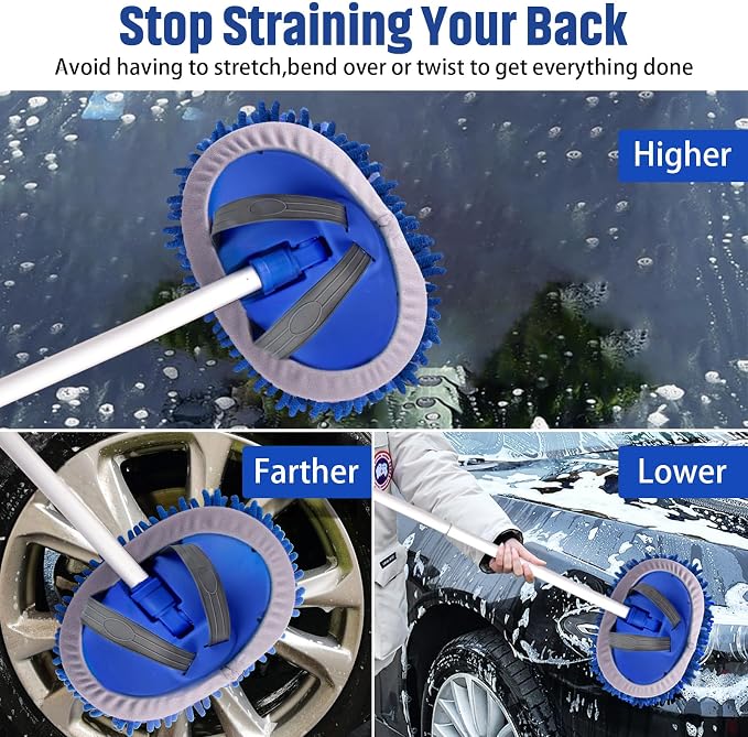 62" Microfiber Car Wash Brush with Long Handle Car Washing Mop Kit Mitt Sponge Car Cleaning Supplies Kit Duster RV Washing Car Brush Accessories, 1 Chenille Scratch-Free Replacement Head