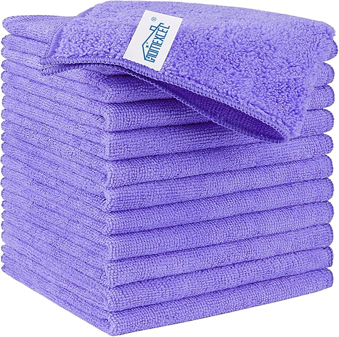 Purple Microfiber Cleaning Cloth, 12 Pack Premium Microfiber Towels for Cars, Lint Free, Scratch-Free, Highly Absorbent, Reusable Cleaning Rags for Car, Household, Kitchen, Window,11.5"X11.5"