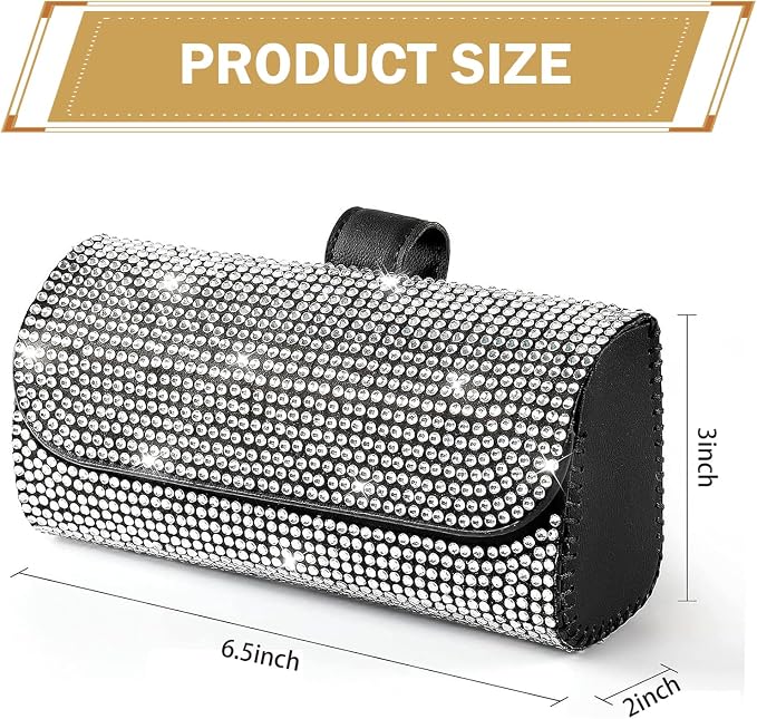Bling Sunglasses Holder for Car Sun Visor, Rhinestone Auto Eyeglasses Mount Clip Organizer, Leather Sunvisor Sunglasses Storage Case, Universal Glasses Holder Clips for SUV, Sedan, Van (White)