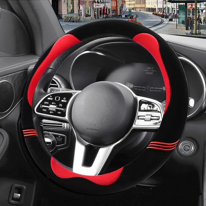 Furry Cute Soft Steering Wheel Cover 14 inch Black with Red | Fluffy Short Plush Car Accessories, Non-Slip Cold-Proof Sweat-Proof Colorfast, Small 13.5 inch to 14 inch