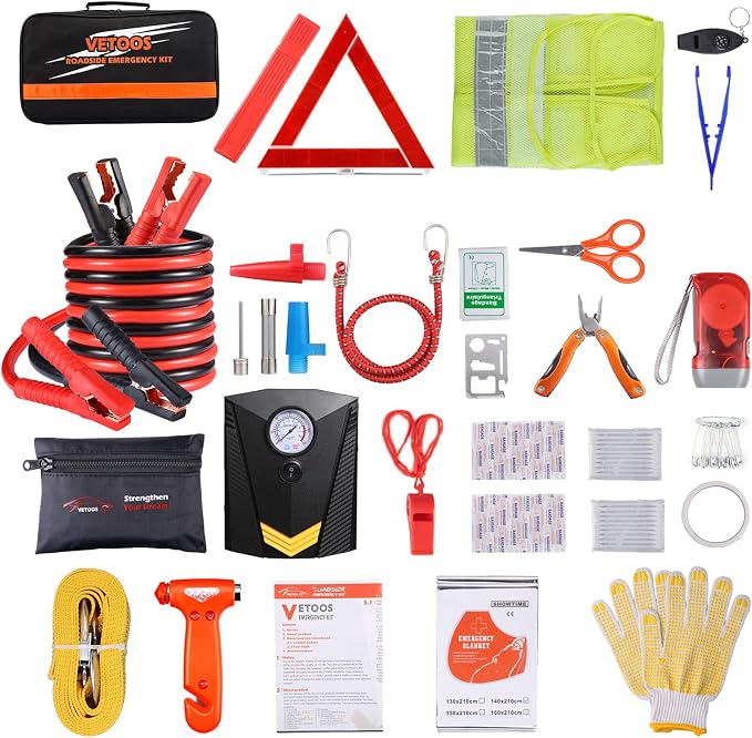 Car Roadside Emergency Kit with Jumper Cables, Auto Vehicle Safety Road Side Assistance Kits, Winter Car Kit for Women and Men, with Portable Air Compressor, Tow Rope, Multitool Plier