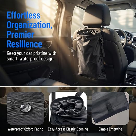 2 Pack Car Trash Bags, Hanging Car Garbage Can with Elastic Top Opening & Detachable Bottom, Waterproof Washable Seat Back Organizer for SUV, Van, Travel, Camping (Black)