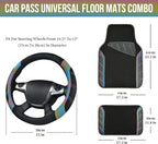 Leather Steering Wheel Cover and Waterproof Car Floor Mats,Microfiber Universal Car Combo Fit for 95% Sedan,SUV,Cars,14.5-15inch Sporty Anti-Slip Safety Comfortable Design(Black＆Reflective)
