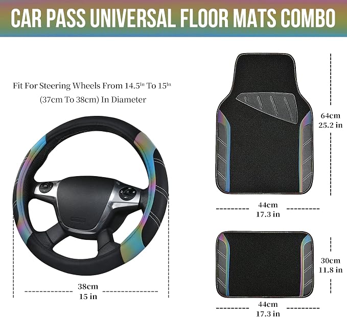 Leather Steering Wheel Cover and Waterproof Car Floor Mats,Microfiber Universal Car Combo Fit for 95% Sedan,SUV,Cars,14.5-15inch Sporty Anti-Slip Safety Comfortable Design(Black＆Reflective)