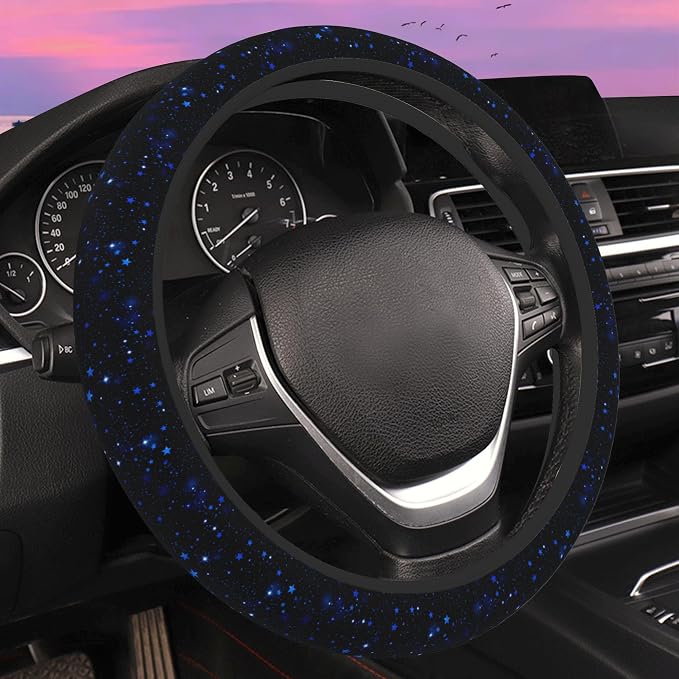 Blue Glitter Stars Steering Wheel Cover for Women Men Neoprene Breathable Starry Sky Wheel Cover Protector Anti-Slip Car Accessories Universal 15 Inch Fit for Cars Trucks Vehicles