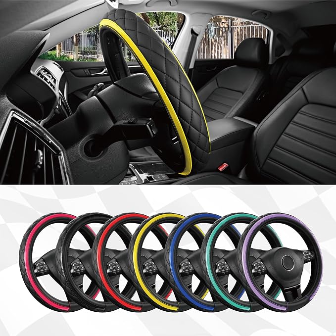 Leather Steering Wheel Cover – Black & Yellow, Universal Fit 14.5-15 Inch, Microfiber Leather, Anti-Slip & Breathable Design for Men and Women