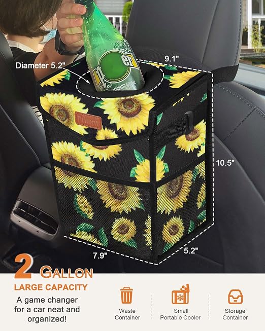 Car Trash Can with Lid, Cute Leakproof Car Trash Garbage Bag Hanging Vehicle Trash Bin Small Portable Automotive Garbage Cans Organizer for Back/Front Seat/Console(Trapezoid,Sunflower)