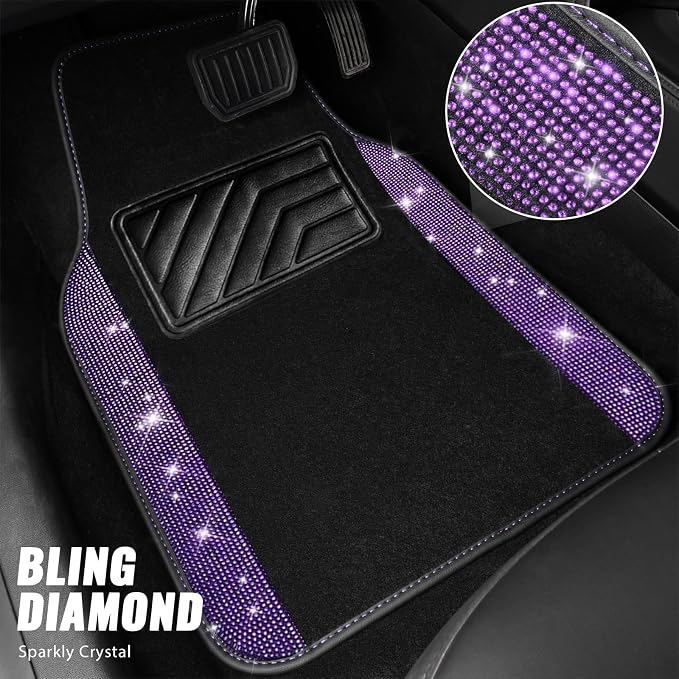 Bling Diamond Leather Steering Wheel Cover 14.5in-15in Floor Mats Shining Rhinestone Carpet Sparkly Glitter Crystal Anti-Slip Pad Fit Automotive SUV Pickup Truck Girl Women, 5pcs Black Purple