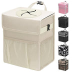 Car Trash Can with Lid, Leakproof Car Trash Bag Hanging Waterproof Automotive Garbage Can with Storage Pockets Mini Vehicle Trash Bin for Back/Front Seat(Beige,3 Gallon)