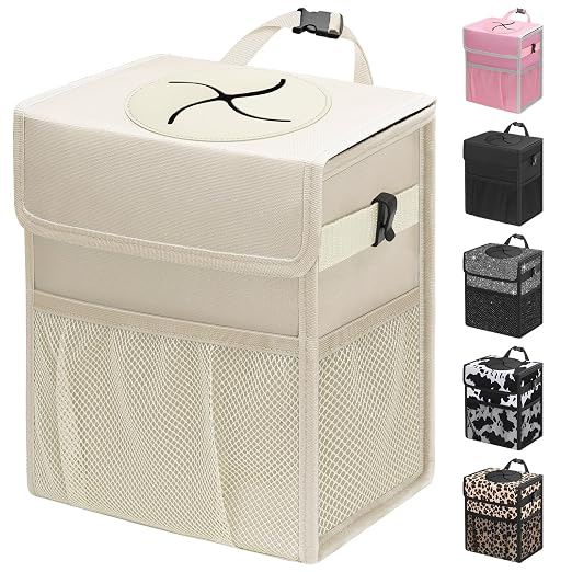 Car Trash Can with Lid, Leakproof Car Trash Bag Hanging Waterproof Automotive Garbage Can with Storage Pockets Mini Vehicle Trash Bin for Back/Front Seat(Beige,3 Gallon)