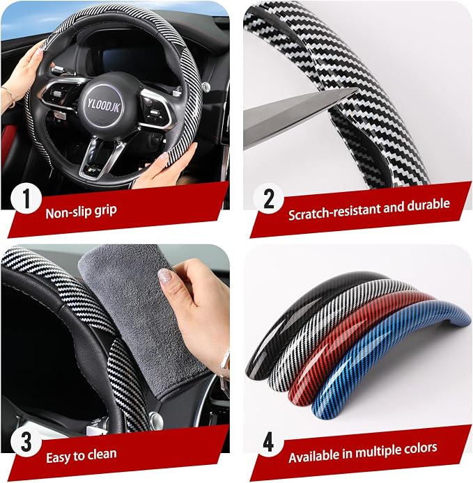 Universal Steering Wheel Cover,Carbon Fiber,3pcs Set(silver) | Clip-On Segmented Fit;Carbon Fiber Look;Fits Most 14-16 in Round or D-Shaped Wheels;Easy Wipe Clean;Non Slip;4 Colors