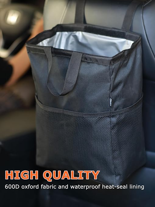New Leak-Proof Travel Car Trash Bag, 3.5 Gallons Large Capacity Hanging Car Trash Can with Hook and Loop Lid and Handle, Multipurpose Trash Bin with Storage Pockets for SUV RV Camping (Black)