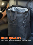 New Leak-Proof Travel Car Trash Bag, 3.5 Gallons Large Capacity Hanging Car Trash Can with Hook and Loop Lid and Handle, Multipurpose Trash Bin with Storage Pockets for SUV RV Camping (Black)