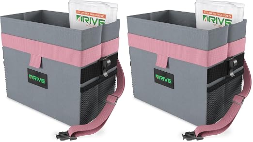 Auto Car Trash Can - Leakproof, Hanging Garbage Bin with 20 Trash Bags and Pink Adjustable Strap - Truck & Car Accessories for Men and Women - Grey with No Lid (Pack of 2)