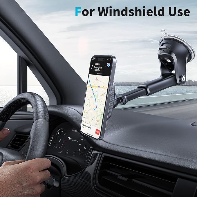 Magnetic Phone Mount, Dashboard Windshield Suction Cup Car Phone Holder Phone Mount with 6 Strong Magnets, Adjustable Telescopic Arm, Compatible with iPhone/Air/Pro/Max/All Smart Phones