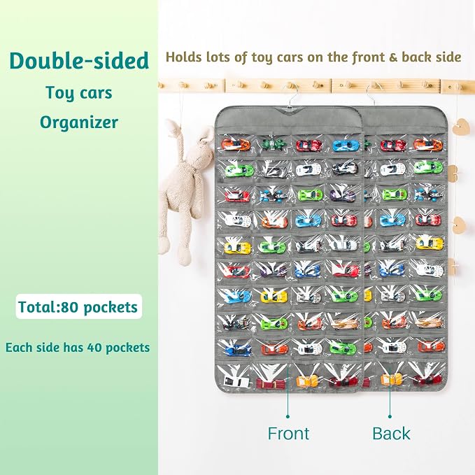 Hanging Organizers for Toy Car Double Sided 80 Pockets Display Case for Toy Cars (Without Toy Cars) (80 Slots Gray)