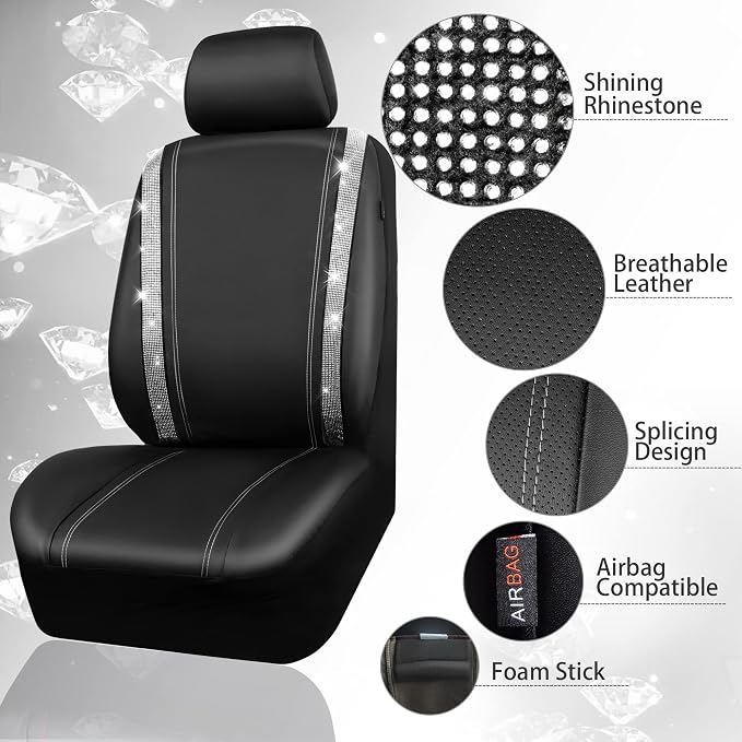 Leather Bling Seat Covers Full Sets 16 pcs, Bling Diamond Car Accessories Set for Women, Sparkly Rhinestone Steering Wheel Cover, Glitter Cute Car Interior Sets for Women Girl, Silver Diamond