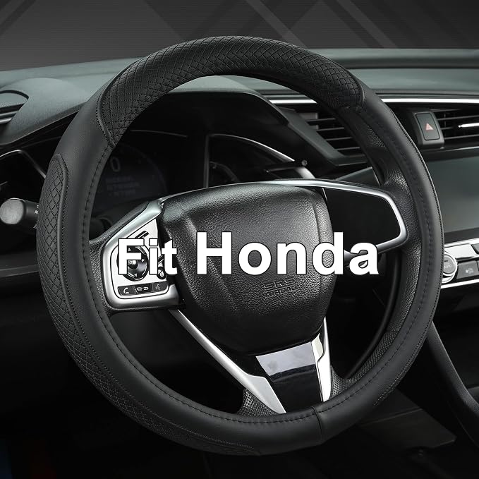 Customized Auto Car Steering Wheel Cover for Honda Civic, CR-Z, Insight, S2000,14-14.25inch(Black-Small Size)