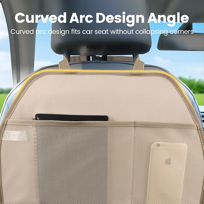 Car Seat Protector Large Kick Mat 2 Pack Durable Water Resistant Auto Seat Back Covers with 2 Mesh Pockets Protection Against Dust Mud Scratches (Beige-A, 2-Pack)