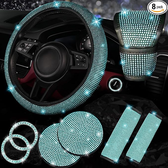 8 pcs Bling Car Accessories Set for Women, Steering Wheel Cover, Sparkly Seat Belt Covers, Bling Gear Shift Cover, Universal Fit Most Cars (Aquamarine Diamond)
