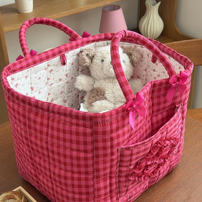 Floral Fabric Storage Basket Car Interior Storage Basket Underwear Sundries Laundry Baskets Supplies Home Organizer Bag (Rose red plaid)