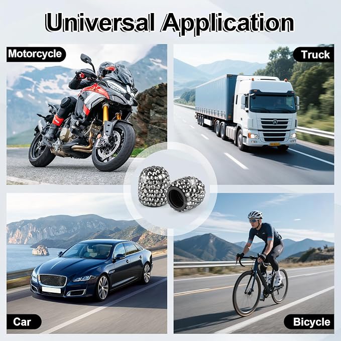 4 Pack Handmade Crystal Rhinestone Tire Valve Stem Caps, Universal for Cars, Trucks and Motorcycles - Glossy Black