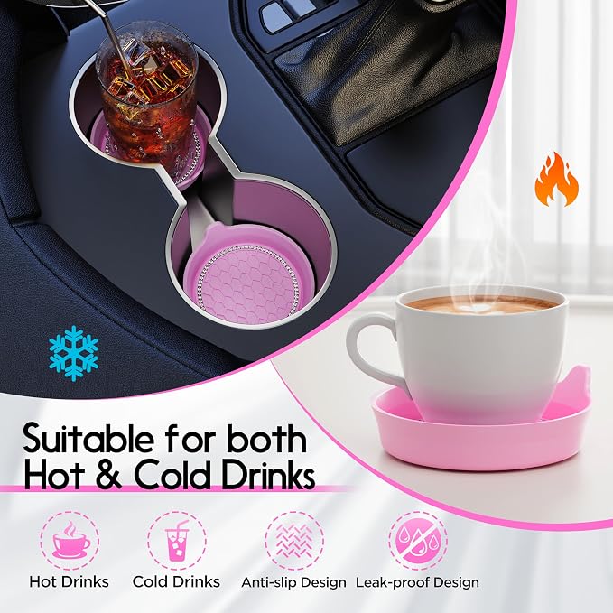 Car Cup Coaster Universal Non-Slip Cup Holders Bling Crystal Rhinestone Car Interior Accessories 4 Pack Pink