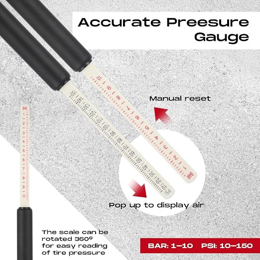 10 Pack Tire Pressure Gauge Black Heavy Duty Air Pressure Tire Gauge Dual Head Semi Truck Tire Pressure Gauge Range 10-150 PSI, Extended Tube Tire Gauge Suitable for Semi Truck, and Bus