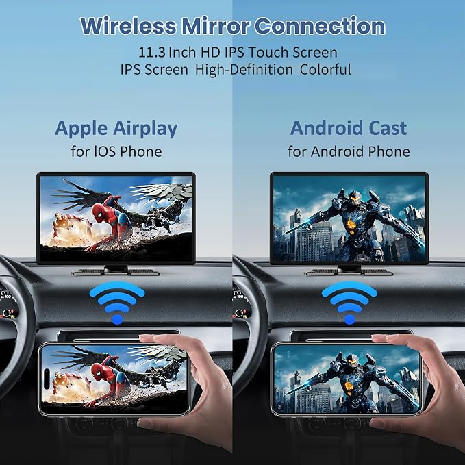 Largest 11.3" Portable Apple Carplay Screen, Wireless Car Play & Android Auto Touch Screen, Car Stereo with App View/4K Dash Cam/Backup Camera/Mirror Link/Voice Control/Music Play