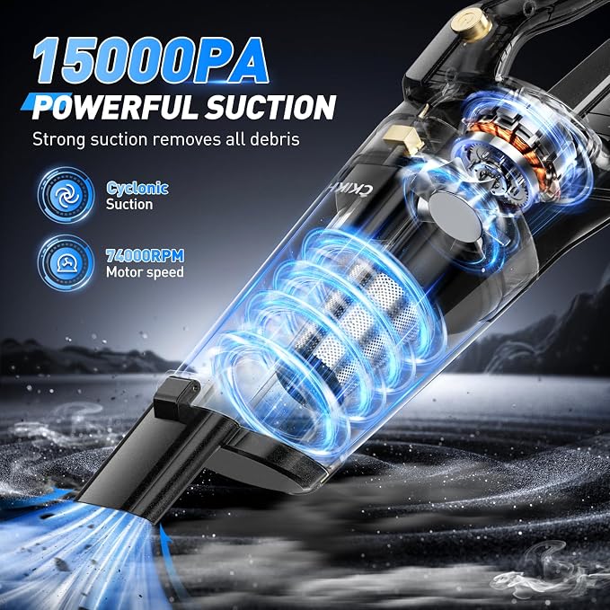 Handheld Vacuum Cordless, 15000PA Powerful Suction Rechargeable Vacuum,Portable Car Vacuum with LED Light and Multi Accessories, Hand Held Vacuum Cleaner for Home, Office, Pet Hair and Car