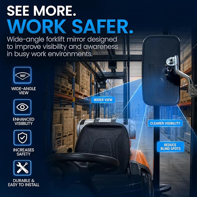 Universal Rear or Side View Mirror for Forklifts | Curved & Non-Vibrating Convex 4 5/8"x8" Blind Spot Mirror - Easy-to-Install Forklift Accessories