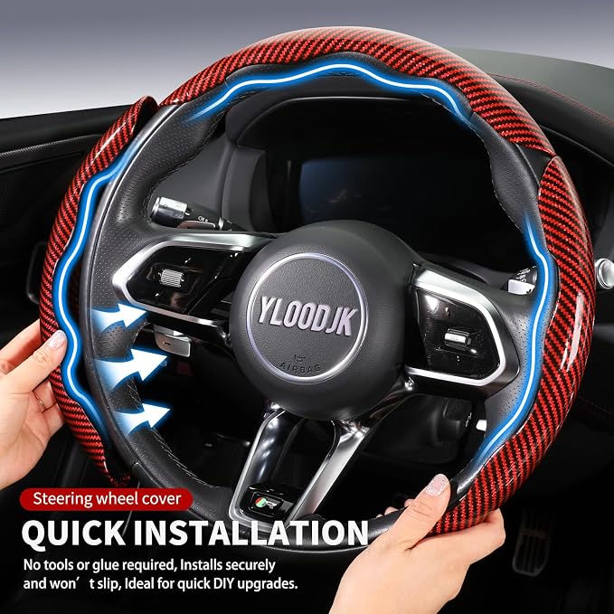 Universal Steering Wheel Cover,Carbon Fiber,3pcs Set(red) | Clip-On Segmented Fit;Carbon Fiber Look;Fits Most 14-16 in Round or D-Shaped Wheels;Easy Wipe Clean;Non Slip;4 Colors
