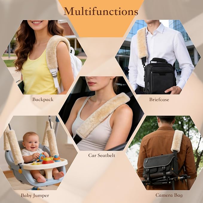 Soft Faux Fur Universal Fit Seatbelt Cover Car Truck SUV Airplane Seat Belt Shoulder Pad for Carmera Backpack Straps Neck Cushion Protector Extra Long 15.7in Beige