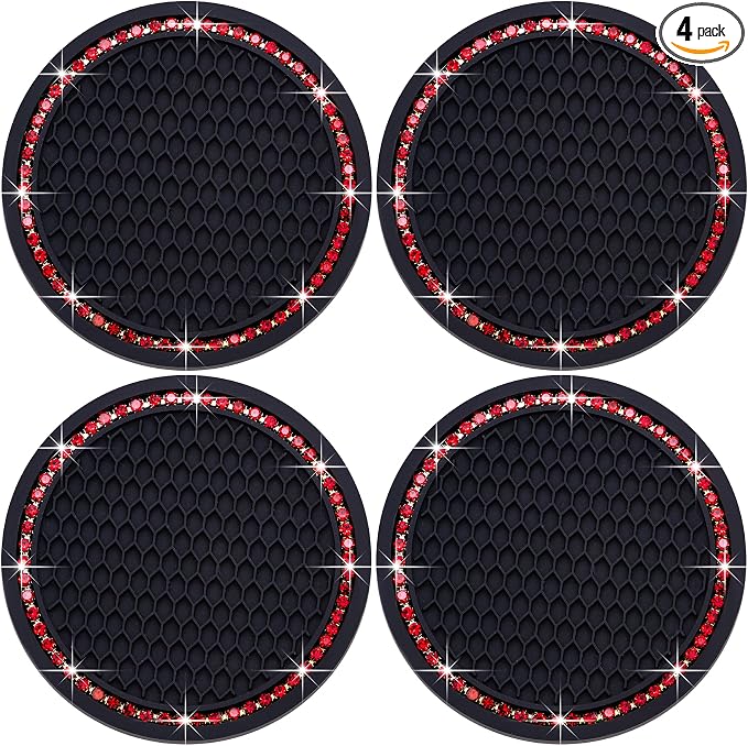 4PCS Bling Cup Holder Coaster, 2.75 Inch Auto Car Cup Holder Insert Coasters, Soft Silicone Anti-Slip Shockproof, Universal Vehicle Interior Accessories for Women Girls (Black & Red)