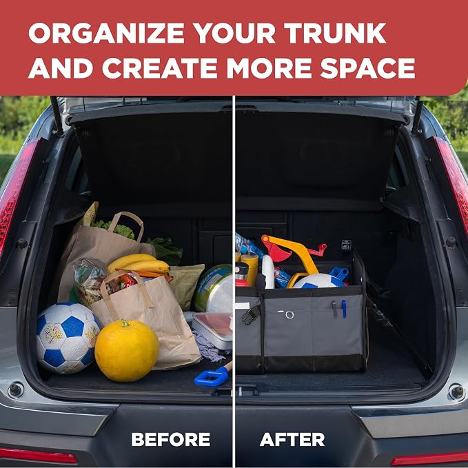 Trunk Organizer For Car, Suv, Truck | Premium Adjustable Multi Compartments Collapsible Car Trunk Organizer With Securing Straps & Non-Slip Bottom (Large Size, Grey)