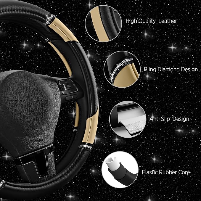 Leather Steering Wheel Cover - Made with PVC Leather - Anti-Slip, Universal Fit 14 1/2 inches to 15 inches - Beige