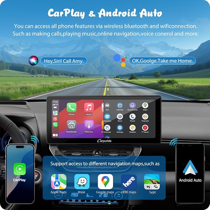 Carpuride W103 Pro with Wireless Bluetooth Transmission Portable Carplay & Android Auto Car Stereo, 10.3 inch 1080P Touch Screen, Mirror Link/GPS/Siri/FM, with 3 Bracket，Dual BT