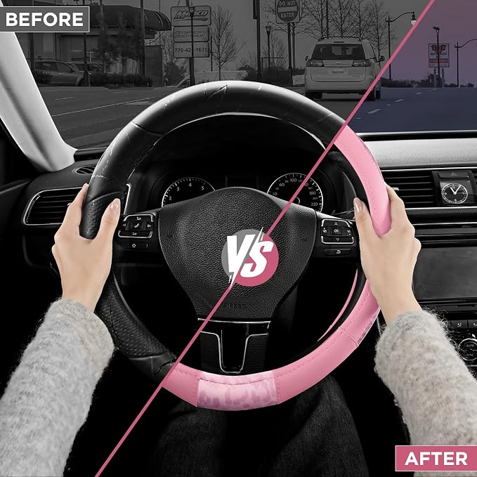 Steering Wheel Cover - Made with PVC Leather and Leopard Fabric - Universal 14 1/2 inches to 15 inches for Most Automotive Steering Wheel - Cheetah Print - All Pink
