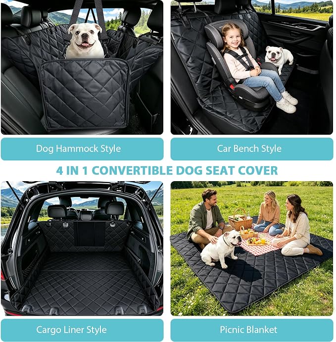 Dog Car Seat Cover for Back Seat | Mesh Window & Safety Belt | 100% Waterproof Dog Hammock for Safe Travel with Side Door Protectors | Non-Slip, Scratchproof Pet Rear Seat Cover for Car, SUV,Truck