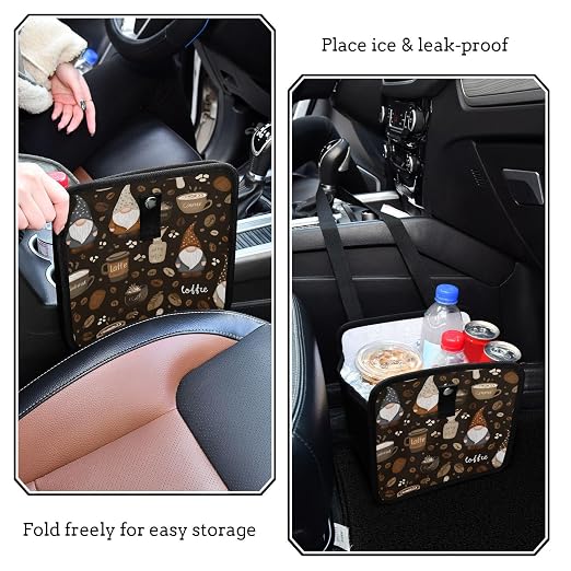 Car Trash Can Organizer Bin with Adjustable Strap for Back Front Seat Console Waterproof Leakproof Collapsible Portable 11 Inch Brown Gnomes Coffee Beans Cups