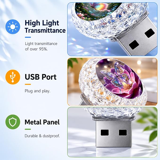 2 Pcs Butterfly USB LED Car Interior Atmosphere Lamp, Portable Multi-Color Mini LED Night Light Auto Lighting, Universal Vehicle Interior Decor Car Accessories Butterflies Gifts for Women Men
