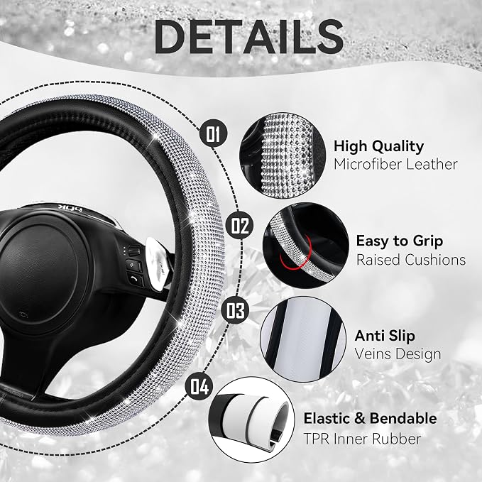 Bling Diamond Leather Steering Wheel Cover 14.5in-15in Floor Mats Shining Rhinestone Carpet Sparkly Glitter Crystal Anti-Slip Pad Fit Automotive SUV Pickup Truck Girl Women, 5pcs Black Sliver
